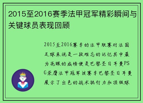 2015至2016赛季法甲冠军精彩瞬间与关键球员表现回顾