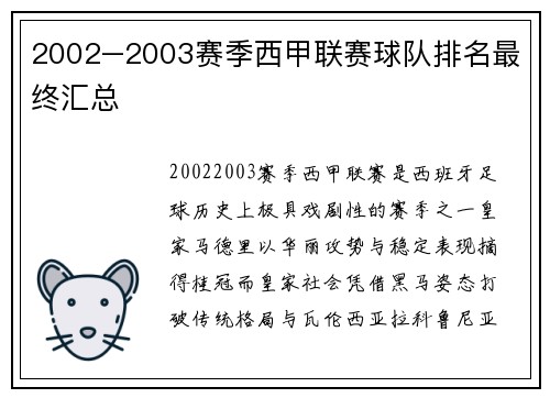 2002–2003赛季西甲联赛球队排名最终汇总