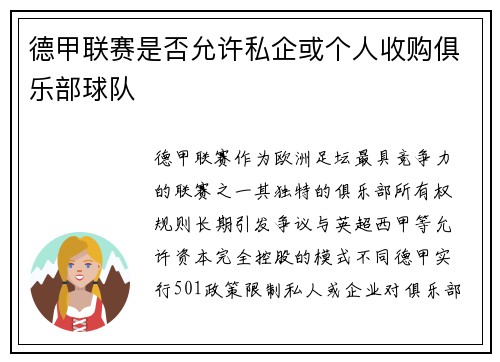 德甲联赛是否允许私企或个人收购俱乐部球队