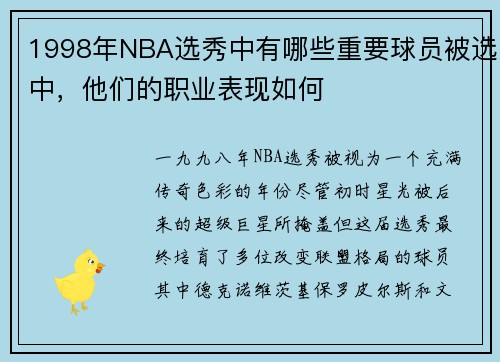 1998年NBA选秀中有哪些重要球员被选中，他们的职业表现如何